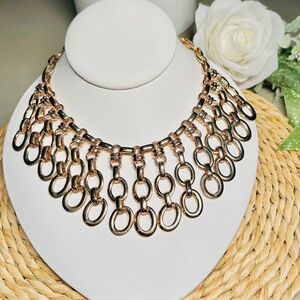 Oval ringlet gold tone bib chain necklace.  Art Deco, chunky.